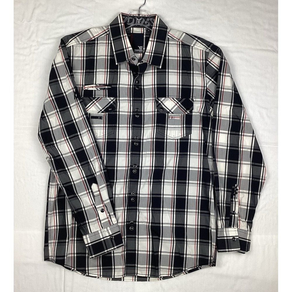 7 Diamonds Western Snap Men's Large Long-Sleeve Shirt Plaid Black White Red
